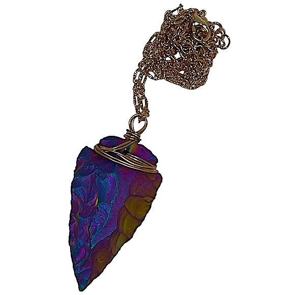 Arrowhead iridescent rainbow wire wrapped pendant necklace on gold chain NEW - Picture 1 of 11